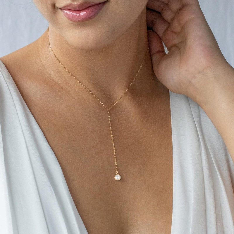 Tewiky Lariat Necklace for Women, Dainty Long Necklaces 14k Gold Plated Heart Pearl CZ Teardrop Pendant Necklace Simple Drop Necklace Trendy Y Necklace Fashion Jewelry for Women - Image 4